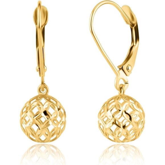 Women's 14K Filigree Dangle Gold Round Earrings with Secure Leverback - Picture 1 of 6